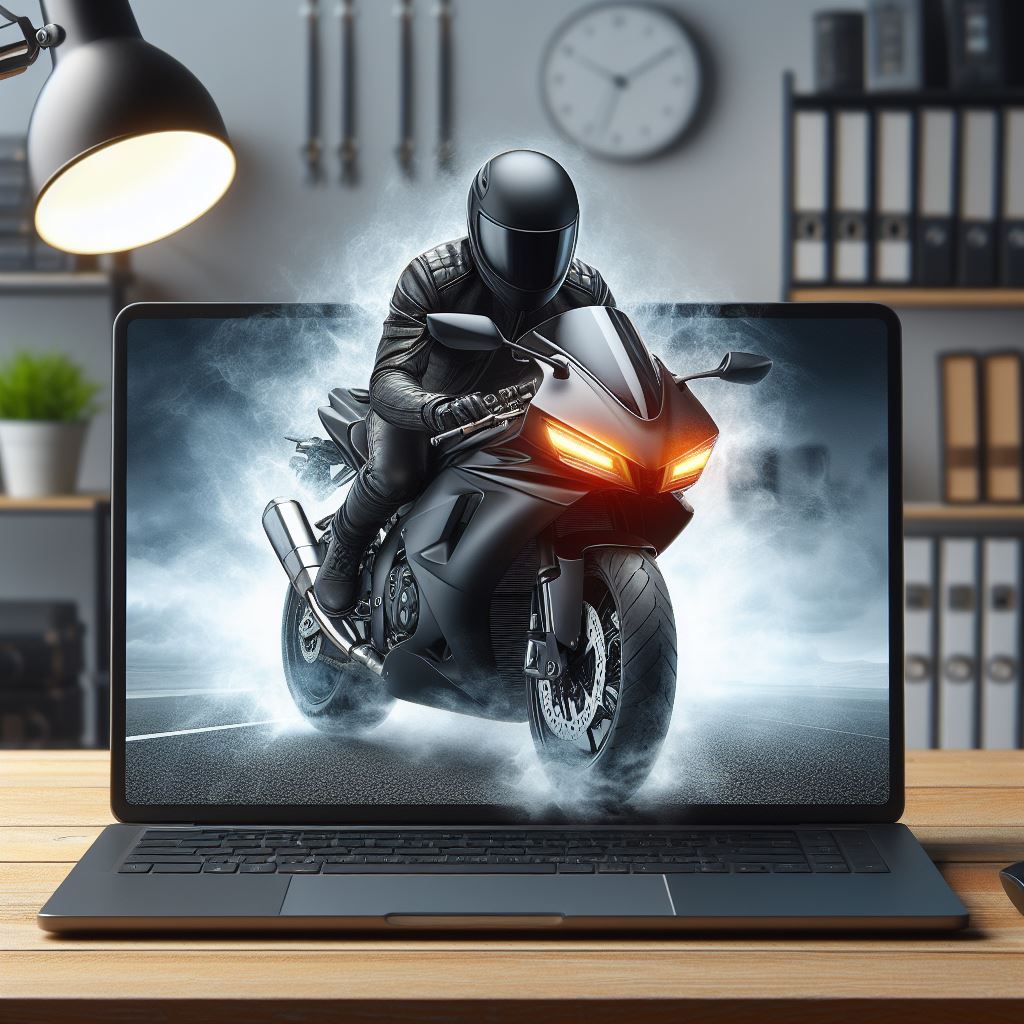 Motorcycle leaping out of laptop screen
