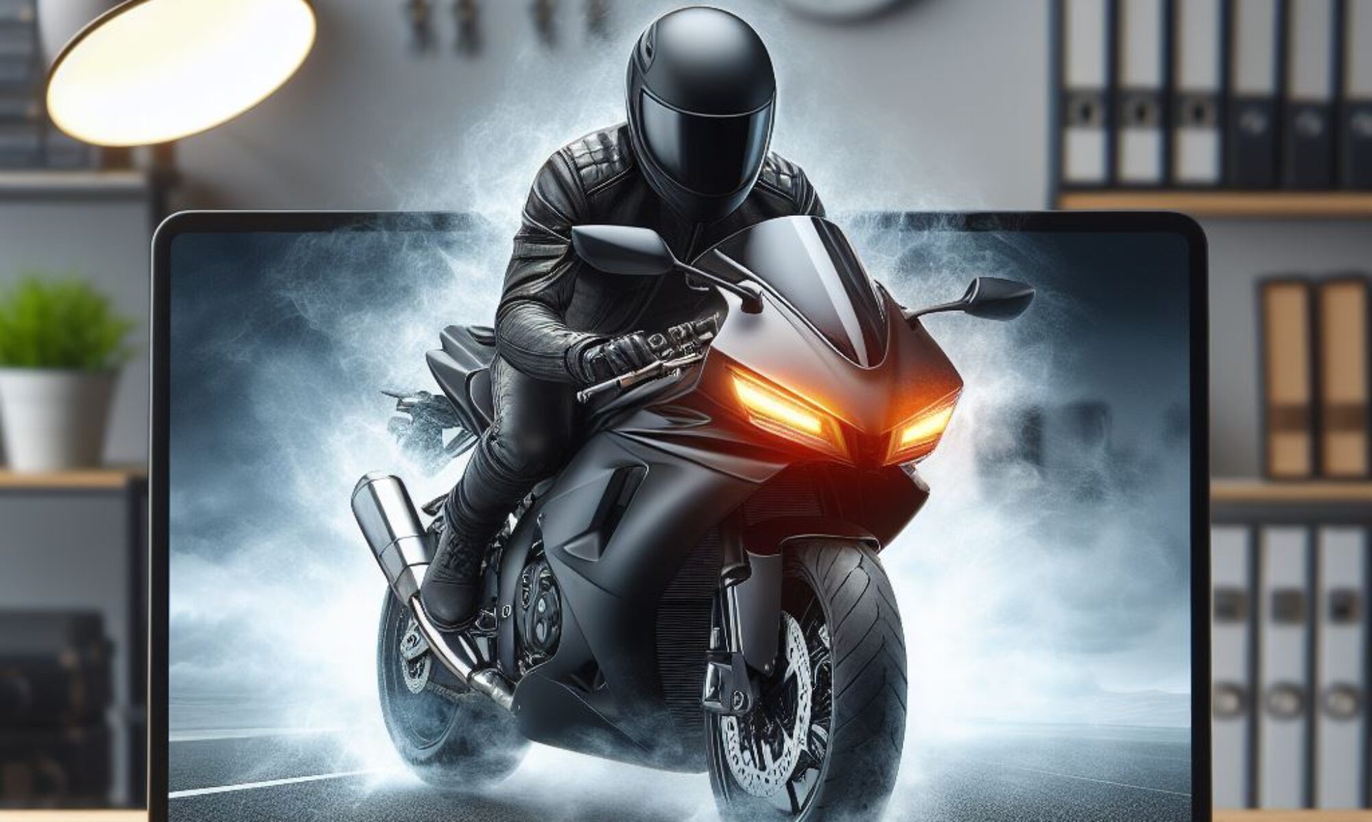 Motorcycle leaping out of laptop screen